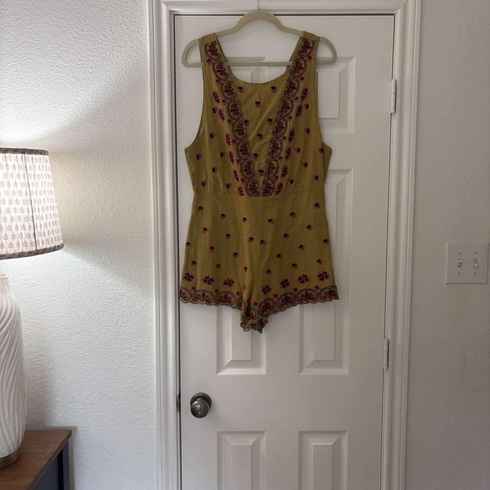 Free People Olive Green Embroidered Sleeveless Romper